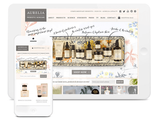A picture of our latest web design, Aurelia Skincare, Fulham